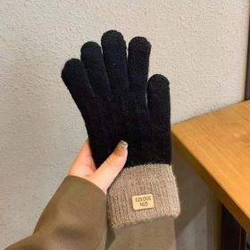 Winter Mittens Brown Striped Embroidered Warm Cycling Spot Universal Cartoon Gloves Ins (Option: Black)