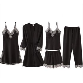 French Pajamas Spring And Summer Thin Ice Silk Nightdress Five-piece Suit (Option: Black-M)