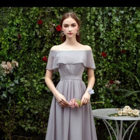 Bridesmaid Long Gray Bridesmaid Sisters Wedding Slimming Off-shoulder Banquet Dress (Option: Gray B-S)